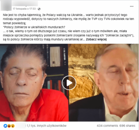 Wpis na Facebooku zawierający fragment nagrania wywiadu. W kadrze widać dwóch mężczyzn w wieku około 50-60 lat.