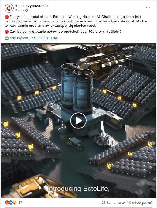 Wpis na Facebooku zawierający nagranie przedstawiające projekt EctoLife. W kadrze widać futurystyczną budowlę wraz z otaczającymi ją kapsułami, w których rodzą się dzieci.