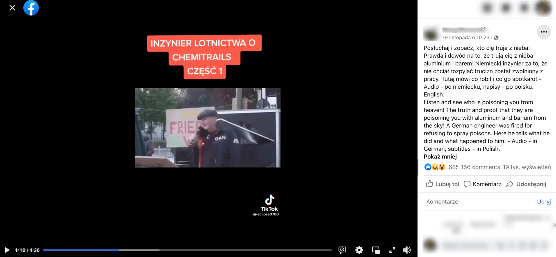 Zrzut ekranu posta, w którym udostępniono opisywane nagranie. Widoczny jest starszy mężczyzna w kurtce przeciwdeszczowej i kaszkiecie, trzymający mikrofon.