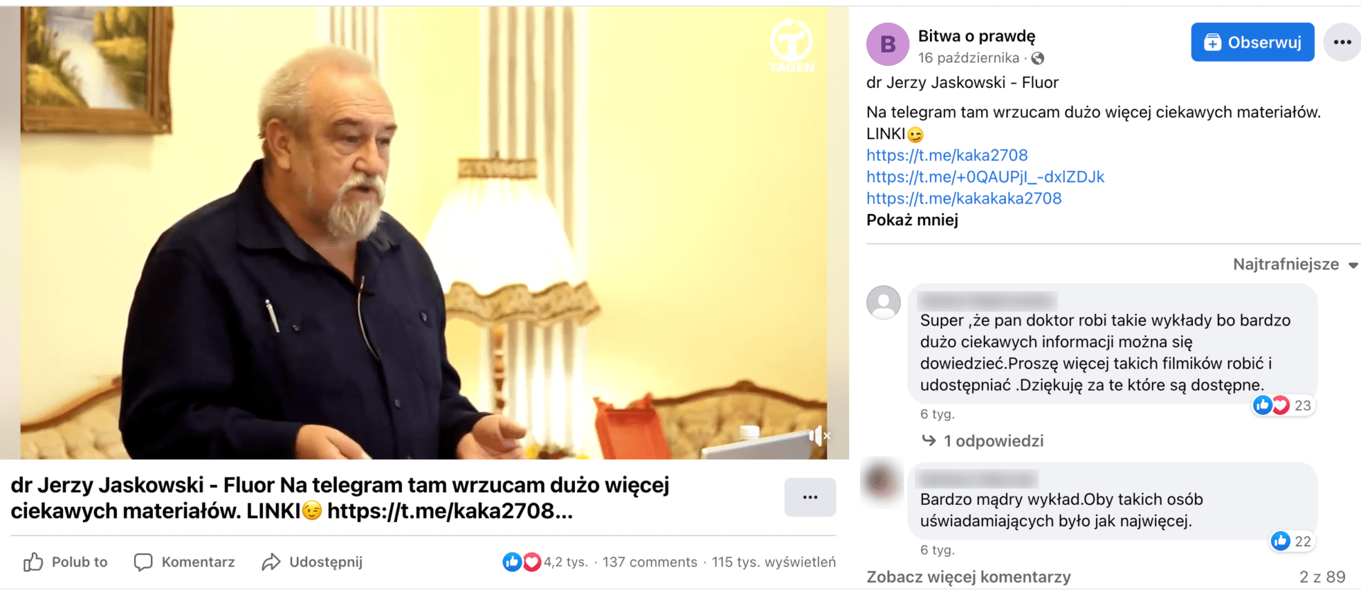 Zrzut ekranu posta na Facebooku. W kadrze filmu znajduje się dr Jaśkowski, starszy mężczyzna w granatowej koszuli z siwym zarostem na tle żółtej ściany z obrazem i zapalonej lampy.