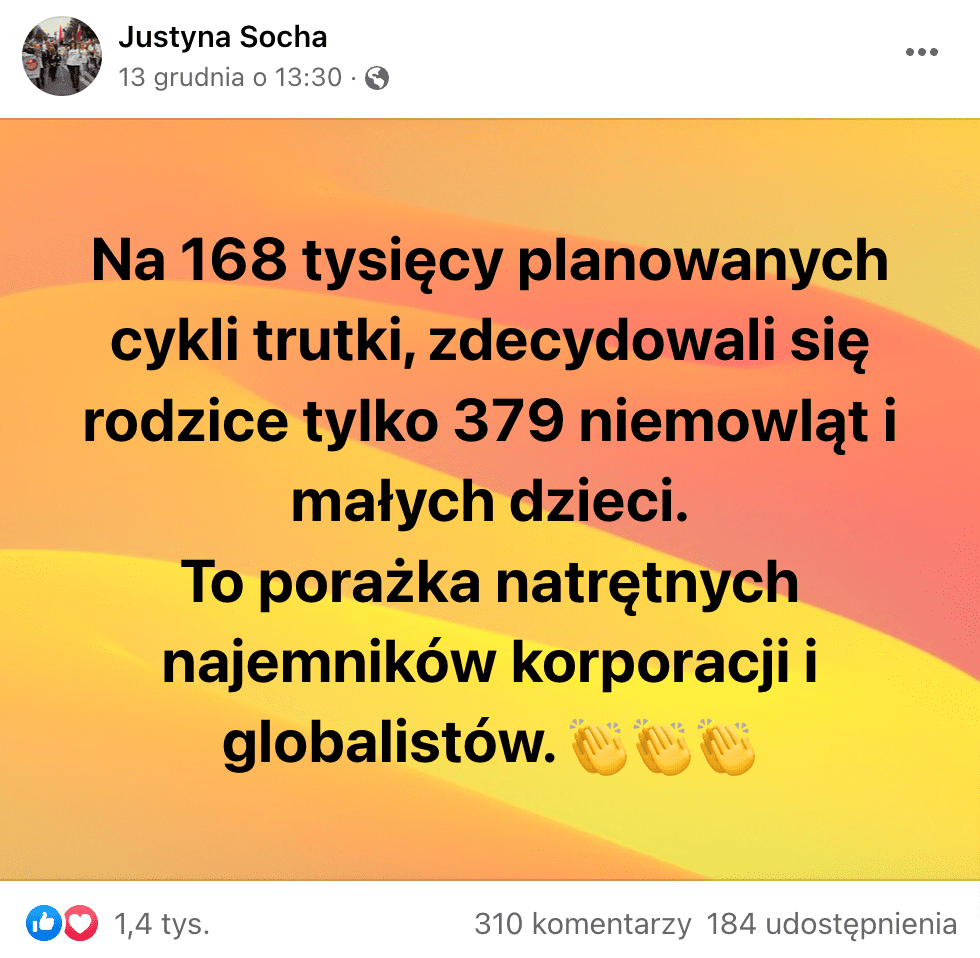 Zrzut ekranu posta zamieszczonego na Facebooku przez Justynę Sochę.