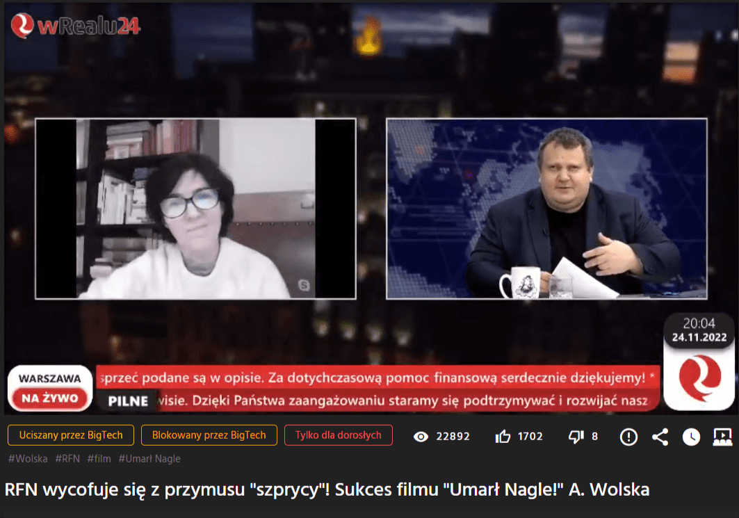 Zrzut ekranu z nagrania z udziałem Agnieszki Wolskiej w telewizji internetowej w wRealu24. Na wychwyconym obrazie widać dwa kafelki ze zdalnej rozmowy przez internet.