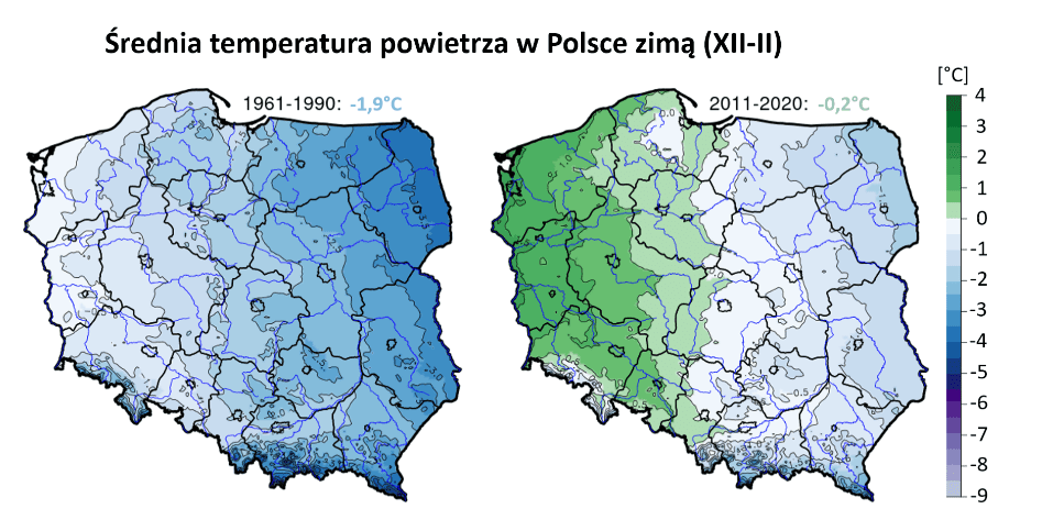 Dwie mapy Polski przedstawiające zmianę średnich temperatur w poszczególnych regionach od grudnia do lutego. Jedna przedstawia okres lata 1961-1990, a druga 2011-2020. Najszybciej ociepla się zachodnia część kraju.