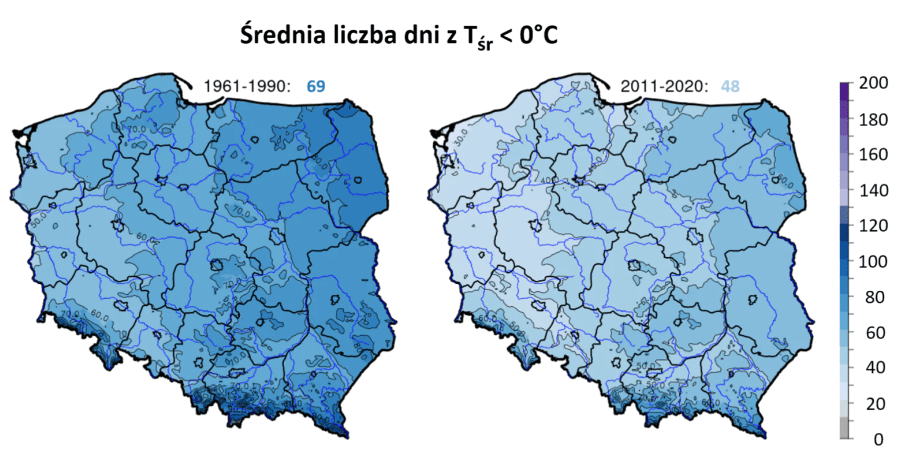 Dwie mapy Polski przedstawiające zmianę liczby dni z ujemną temperaturą w poszczególnych regionach od grudnia do lutego. Jedna przedstawia okres lata 1961-1990, a druga 2011-2020. Najszybciej ociepla się zachodnia część kraju.