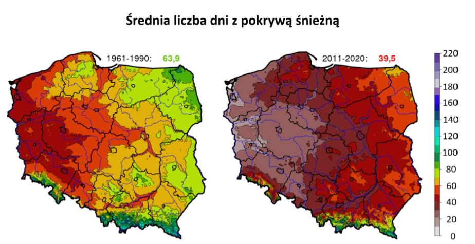 Dwie mapy Polski przedstawiające zmianę liczby dni z pokrywą śnieżną w poszczególnych regionach od grudnia do lutego. Jedna przedstawia okres lata 1961-1990, a druga 2011-2020. Ich liczba najszybciej spada na zachodzie kraju.