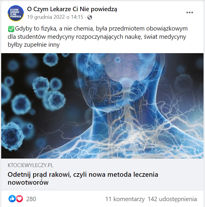 Zrzut ekranu z facebookowego profilu O Czym Lekarze Ci Nie Powiedzą, odsyłający do artykułu na portalu KtoCieWyleczy.pl, 280 reakcji, 11 komentarzy, 142 udostępnienia.