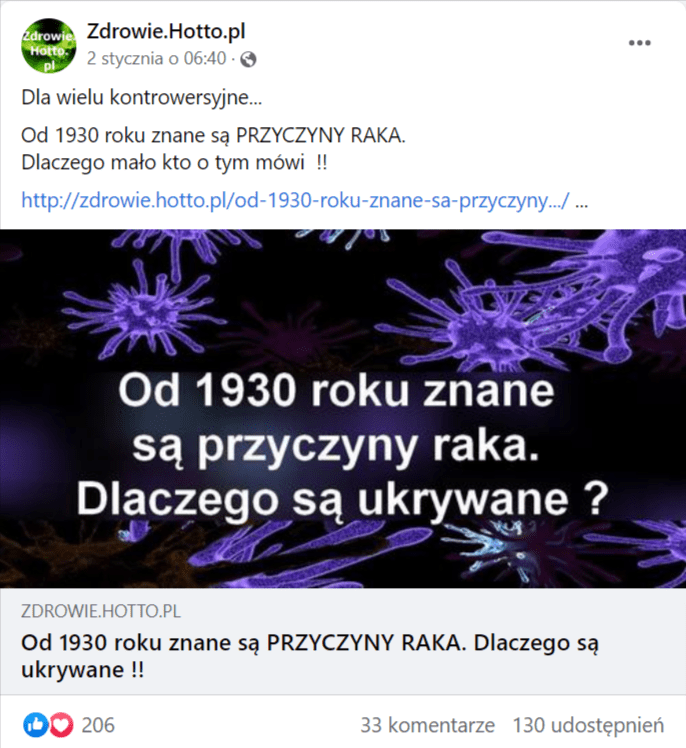 Zrzut ekranu z facebookowego profilu Zdrowie.Hotto.pl, odsyłającego do artykułu na portalu Zdrowie.Hotto.pl. 206 reakcji, 33 komentarze, 130 udostępnień.