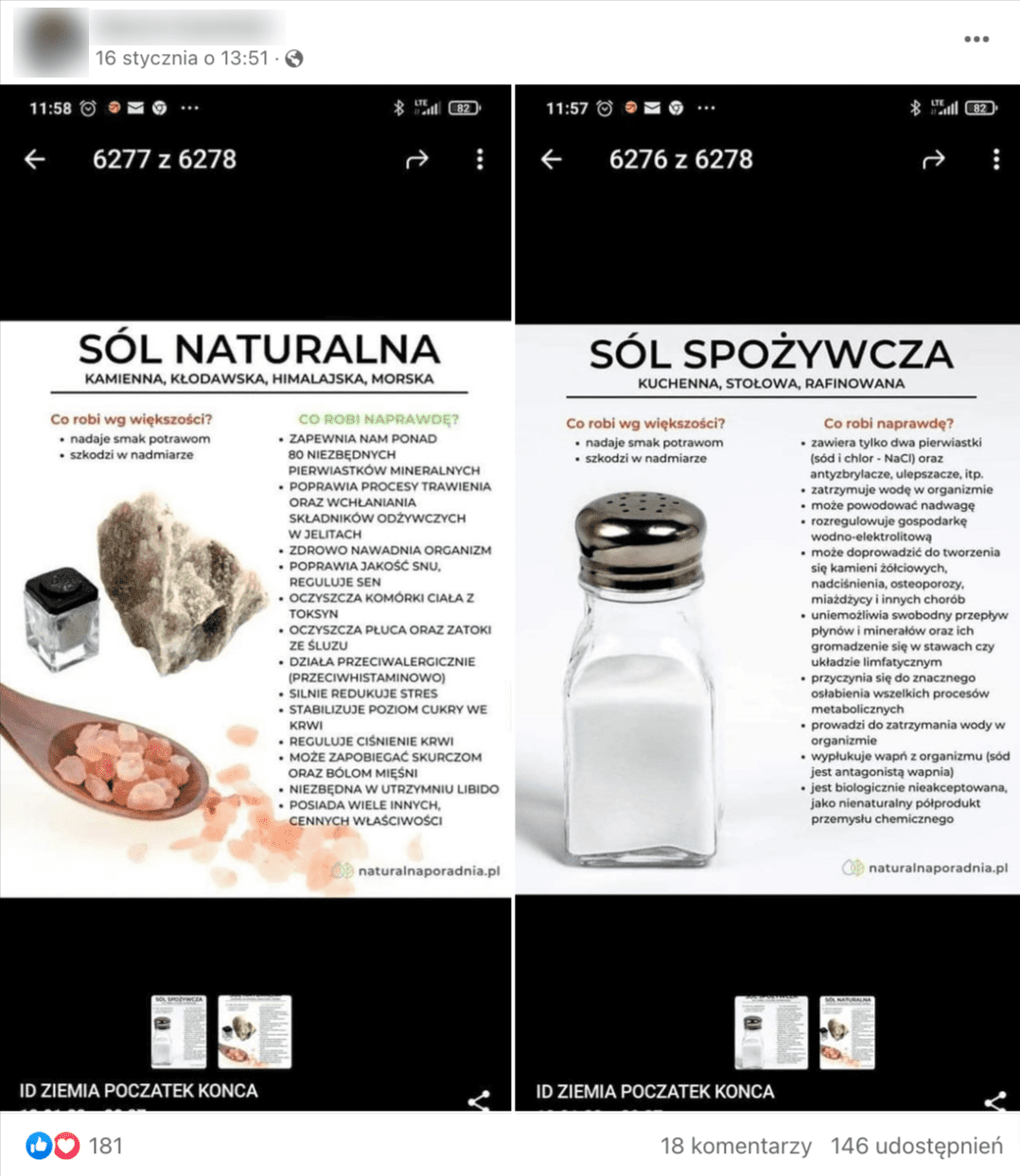 Zrzut ekranu przedstawiający porównanie cech soli „naturalnej” (kamiennej, kłodawskiej, himalajskiej, morskiej) oraz „spożywczej” (kuchennej, stołowej, rafinowanej)