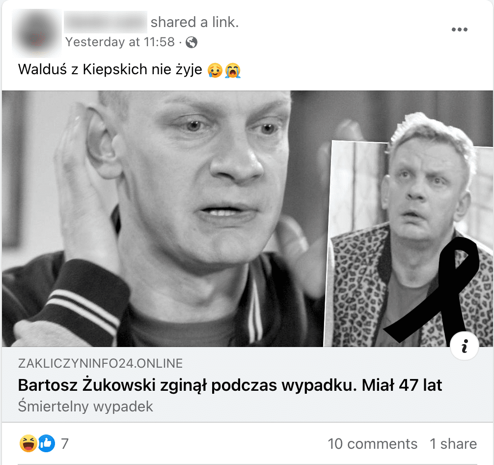 Zrzut ekranu posta na Facebooku. Dwa czarno-białe zdjęcia Bartosza Żukowskiego opatrzone czarną wstążką. Poniżej informacja o śmierci aktora.