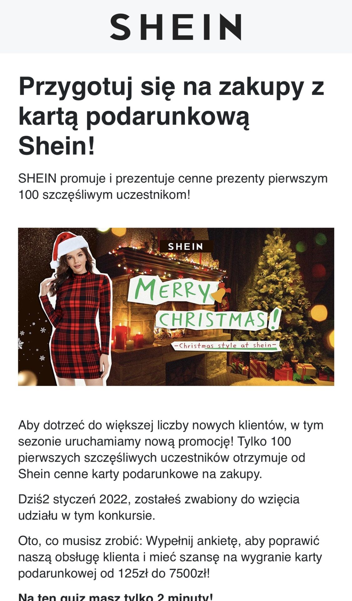 Zrzut ekranu strony, do której odnosi reklama. Logo sklepu Shein, poniżej zdjęcie modelki i opis zachęcający do wypełnienia ankiety. 