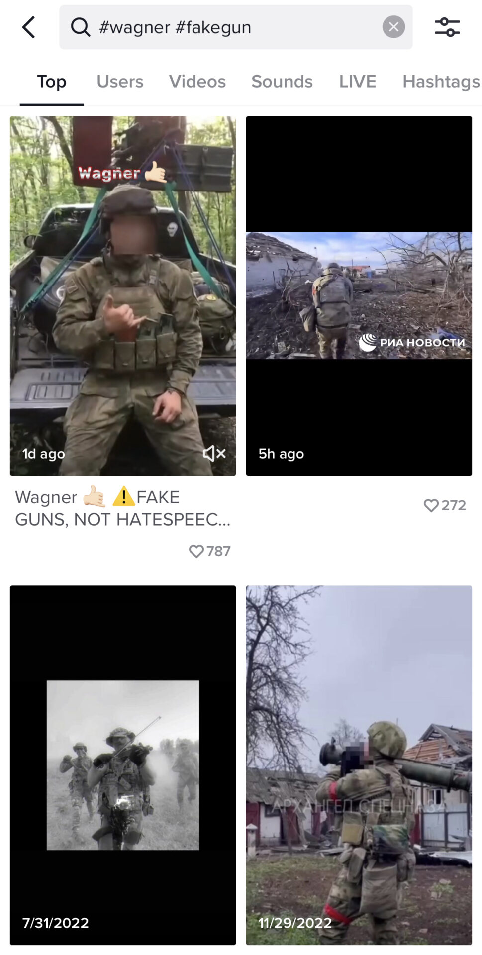 Wyszukane hasztagi #wagner i #fakegun na zrzucie ekranu z aplikacji TikTok. W wynikach wyszukiwania pojawiają się filmy ukazujące żołnierzy podczas działań bojowych.