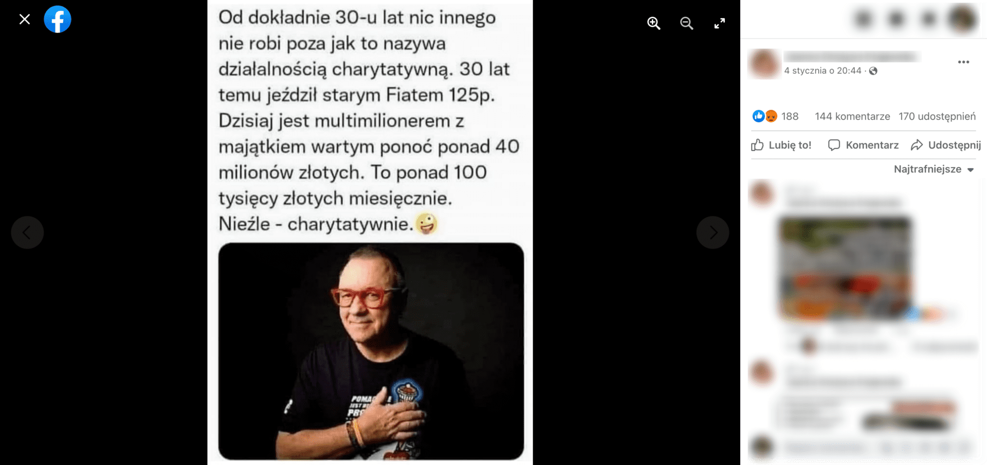 Zrzut ekranu posta na Facebooku, w którym podano informację o rzekomych zarobkach Owsiaka. Widoczny jest Jerzy Owsiak w czarnej koszulce i charakterystycznych okularach z czerwonymi oprawkami. Wpis zdobył ponad 180 reakcji, ponad 140 komentarzy i 170 udostępnień.