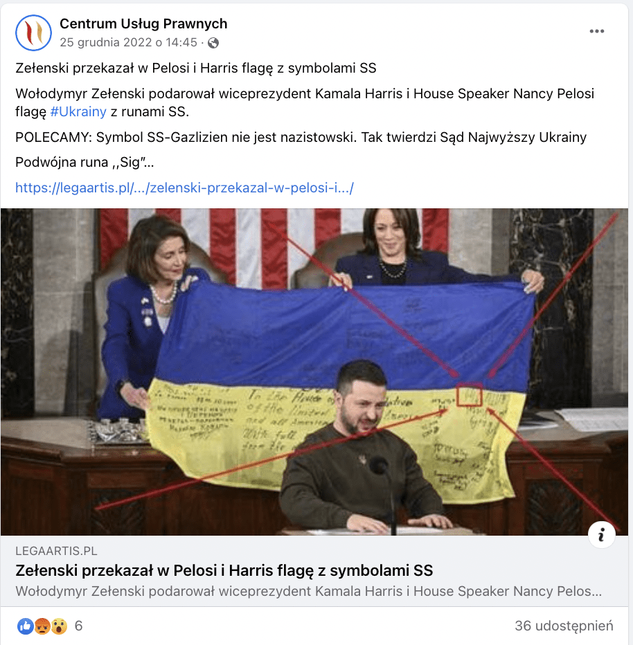 Zrzut ekranu posta z Facebooku. Do posta dołączono zdjęcie prezydenta Ukrainy przemawiającego w Kongresie na tle flagi Ukrainy.