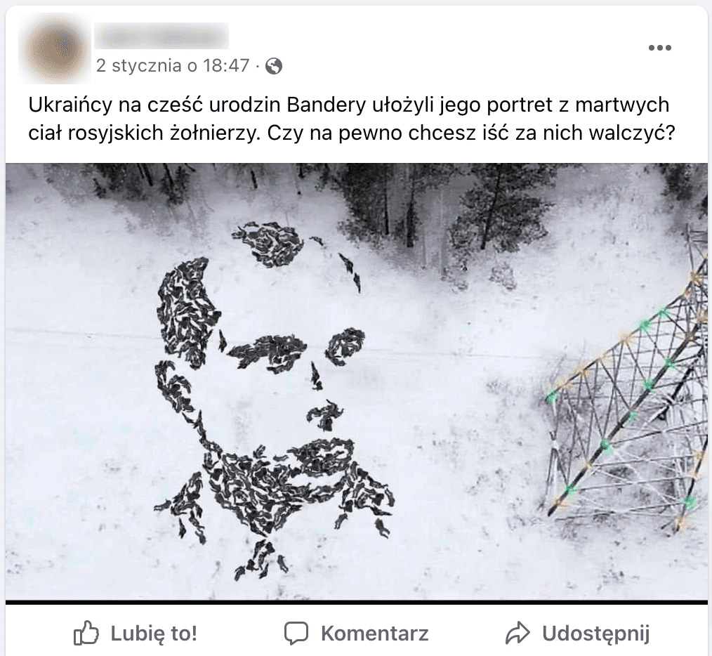 Zrzut ekranu posta na Facebooku. Zilustrowano go omawianym zdjęciem, na którym na ciała żołnierzy leżą na śniegu.