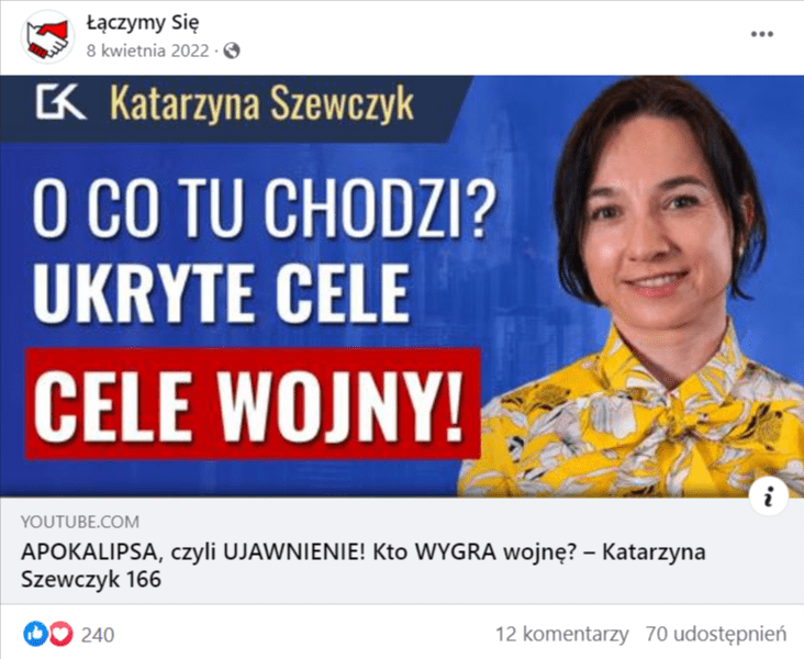 Zrzut ekranu wpisu na Facebooku, w którym odsyłano do nagrania z udziałem Katarzyny Szewczyk. Na wpis zareagowało ponad 200 osób, a 70 udostępniło go dalej.