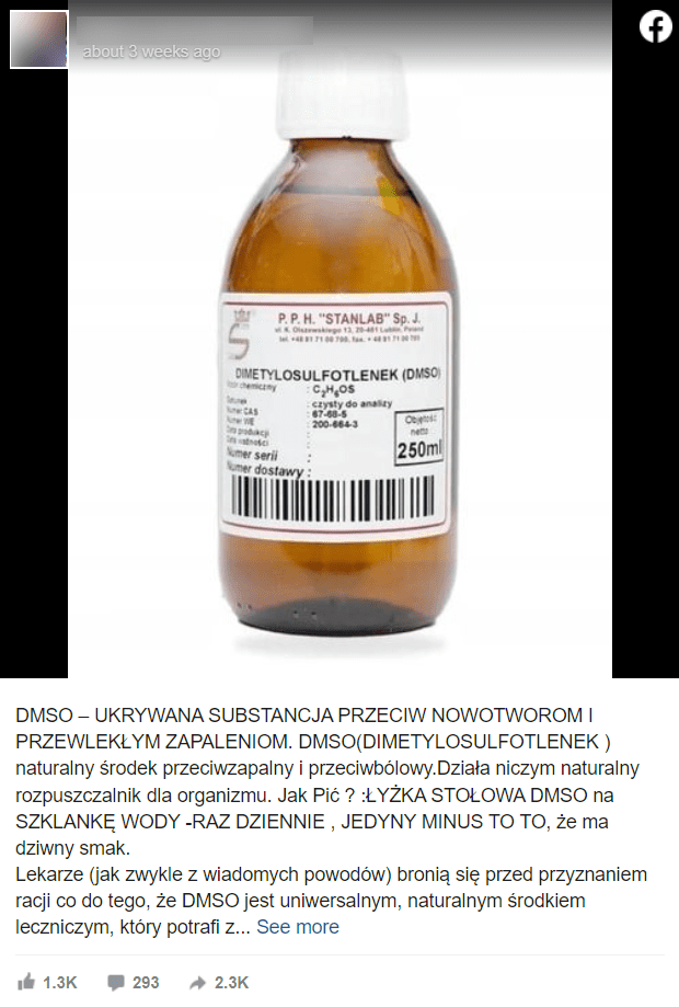 Zrzut ekranu z wpisem na Facebooku, w którym przedstawiono niewielką szklaną butelkę z DSMO. Na samym początku wpisu zaznaczono, że DMSO jest uniwersalnym środkiem na wiele problemów zdrowotnych.