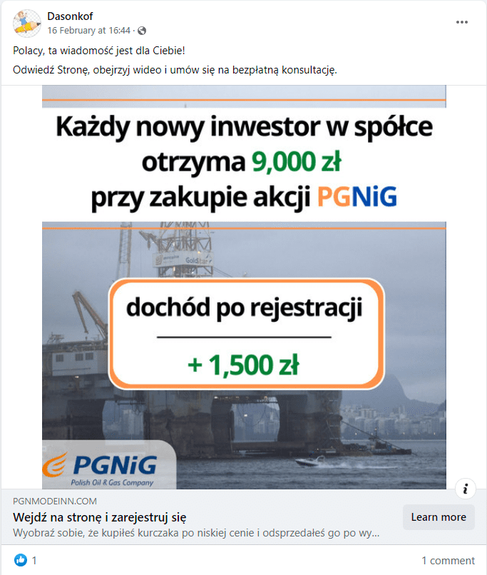 Zrzut ekranu posta na Facebooku. Za zdjęciu w tle platforma wiertnicza, a na niej tekst z informacją o gwarantowanym zysku po zakupie akcji PGNiG.