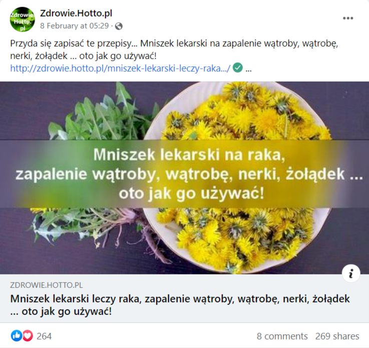 Zrzut ekranu posta na Facebooku. Na zdjęciu talerz wypełniony kwiatem mniszka, obok jego liście i korzeń. Podpis mówiący o stosowaniu go na raka, zapalenie wątroby, nerki i żołądek. 