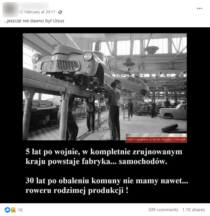 Zrzut ekranu posta na Facebooku. Na zdjęciu czarno-biała fotografia linii produkcyjnej starych samochodów. Poniżej podpis mówiący o tym, że już 5 lat po wojnie w Polsce otworzono fabrykę samochodów, a obecnie nie ma nawet rodzimej firmy produkującej rowery. 