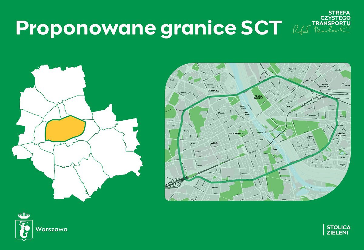 Mapa Warszawy z zaznaczonym obszarem w środku miasta. Napis na grafice brzmi: Proponowane granice SCT