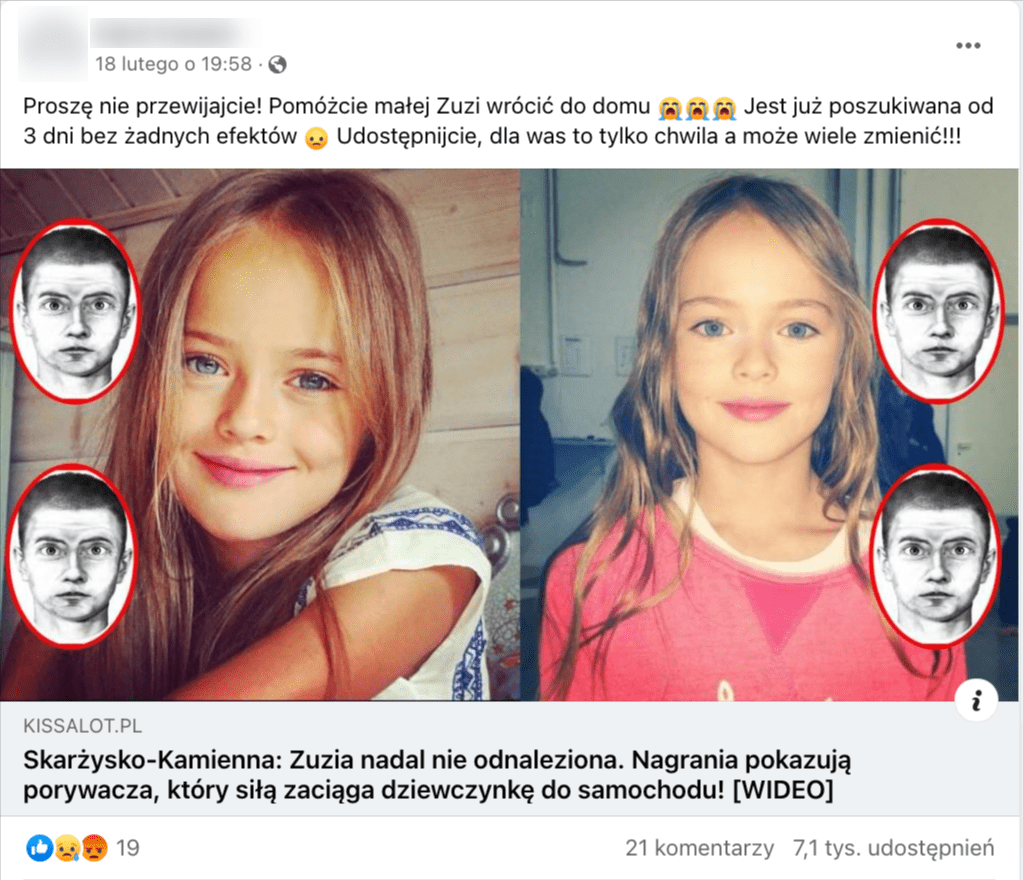 Zrzut ekranu z Facebooka. Do posta dołączono dwa zdjęcia małej dziewczynki.