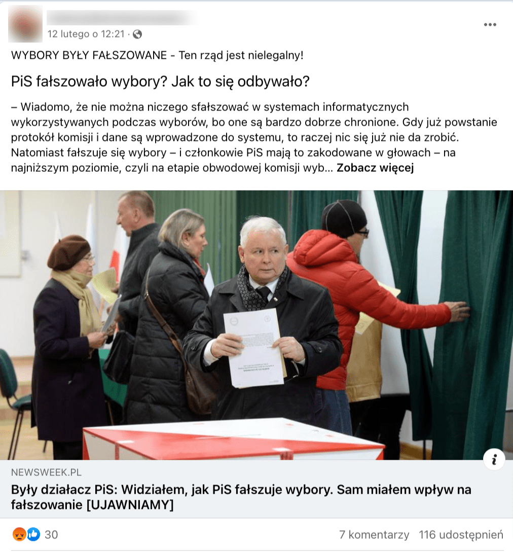 Zrzut ekranu z Facebooka. Do posta dołączono zdjęcie, na którym widzimy Jarosława Kaczyńskiego nad wyborczą urną.
