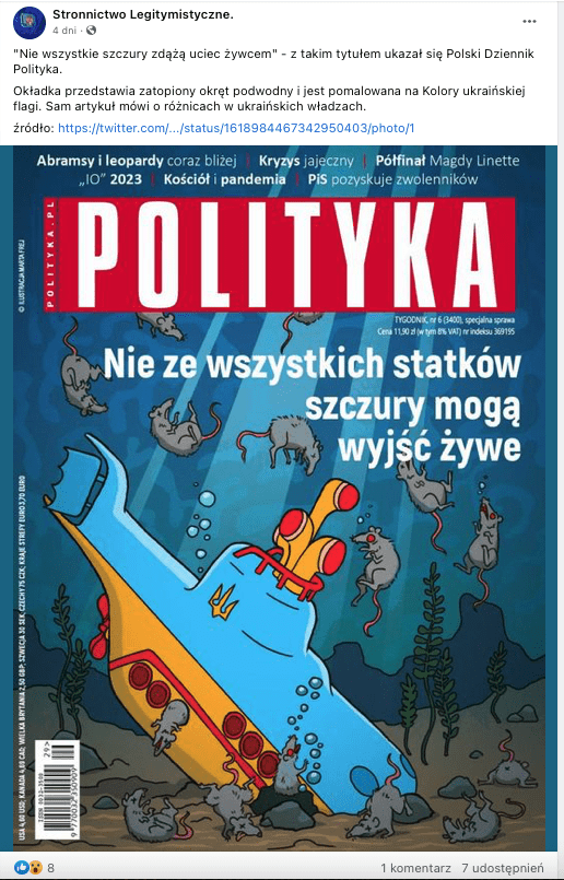 Fałszywa okładka tygodnika Polityka. Okładka przedstawia zatopiony okręt podwodny i jest pomalowana na kolory ukraińskiej flagi