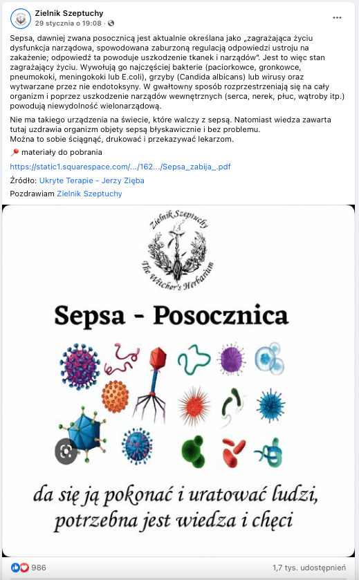 Wpis na Facebooku zawierający link do dokumentu o leczeniu sepsy witaminą C. Do posta dołączona jest grafika opisana jako “Sepsa - Posocznica, da się ją pokonać i uratować ludzi, potrzebna jest wiedza i chęci”. Do napisu dołączone zostały kolorowe ilustracje drobnoustrojów i bakterii chorobotwórczych.