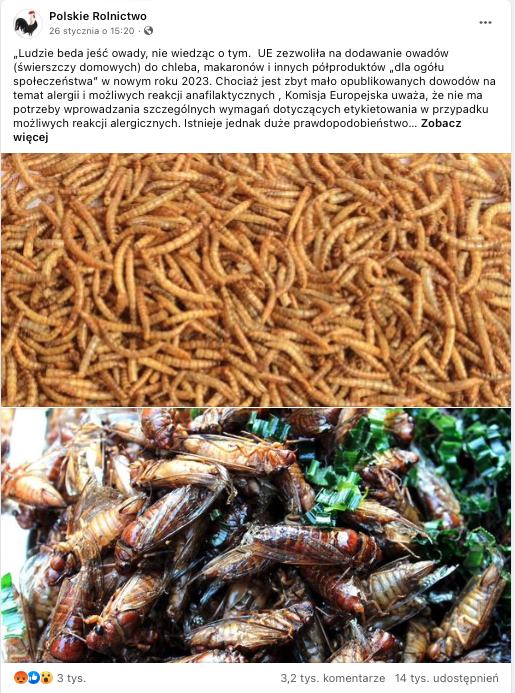 Wpis dotyczący dopuszczenia możliwości dodawania insektów do produktów żywnościowych przez Unię Europejską. Do posta dołączone zostały dwa zdjęcia, przedstawiające larwy oraz muchy
