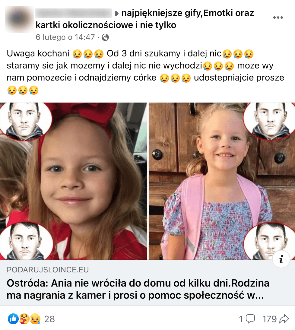 Zrzut ekranu posta na Facebooku na temat zaginięcia Ani. Widoczne są dwa zdjęcia dziewczynki oraz małe zdjęcia rzekomego mężczyzny. Wpis zdobył 28 reakcji i 179 udostępnień.