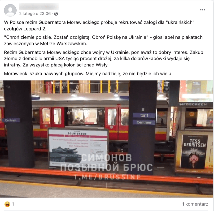 Zrzut ekranu z Facebooka. Do posta dołączono zdjęcie, na którym widać wagon warszawskiego metra i „fałszywy” baner zachęcający do wstąpienia do polskich wojsk pancernych, które mają walczyć z Ukrainą.