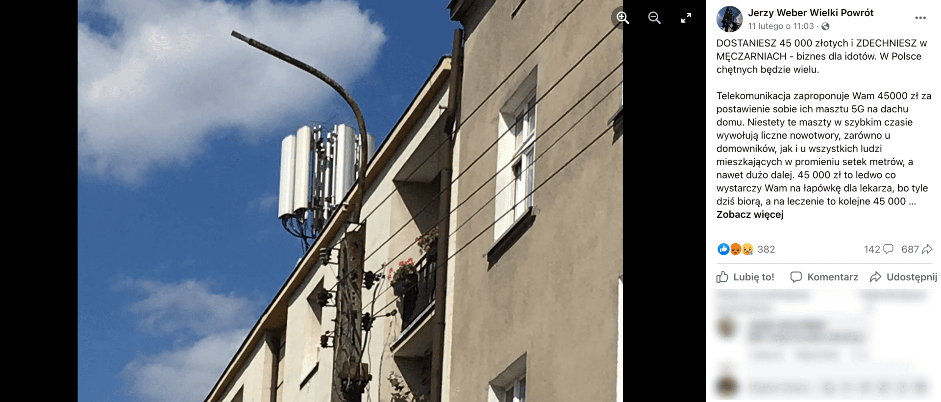 Zrzut ekranu opisywanego posta. Do wpisu dołączono zdjęcie instalacji telekomunikacyjnej na dachu budynku mieszkalnego.