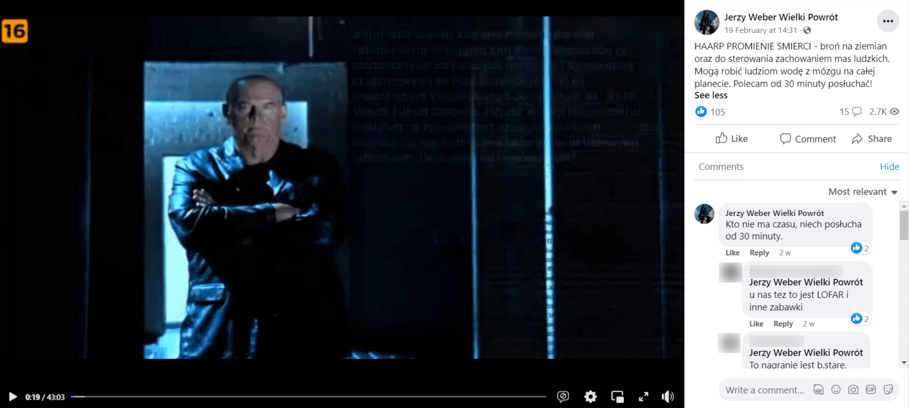 Zrzut ekranu z posta na Facebooku. Na zdjęciu Jesse Ventura stojący w ciemnym pomieszczeniu. W opisie informacja, że HAARP to broń do sterowania ludźmi.