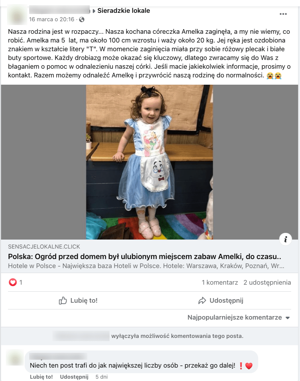 Zrzut ekranu z Facebooka. Do posta dołączono zdjęcie małej dziewczynki.