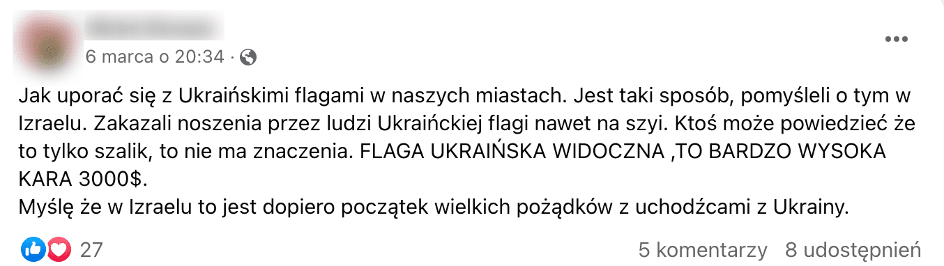 Zrzut ekranu posta o treści „(...) Zakazali noszenia przez ludzi Ukraińckiej flagi nawet na szyi. Ktoś może powiedzieć że to tylko szalik, to nie ma znaczenia. FLAGA UKRAIŃSKA WIDOCZNA ,TO BARDZO WYSOKA KARA 3000$”.