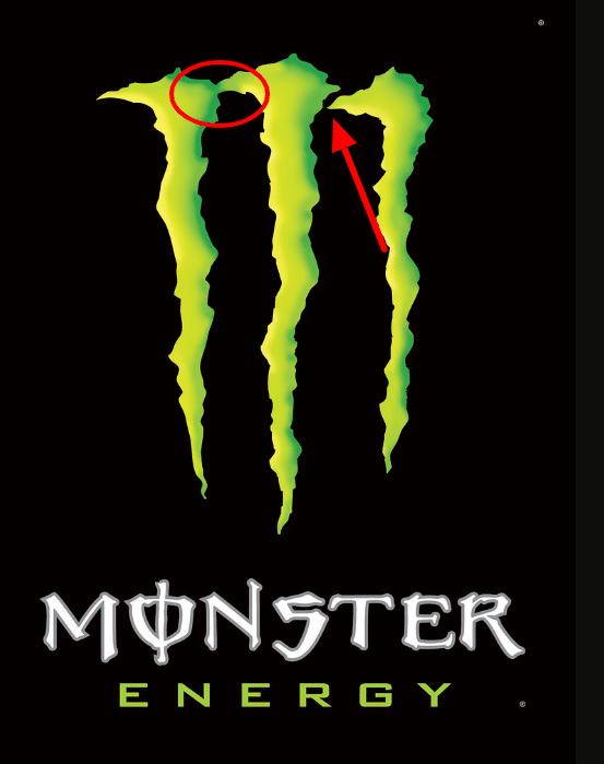 Logo Monster Energy z wyszczególnieniem elementów wskazujących, że teoria spiskowa jest błędna