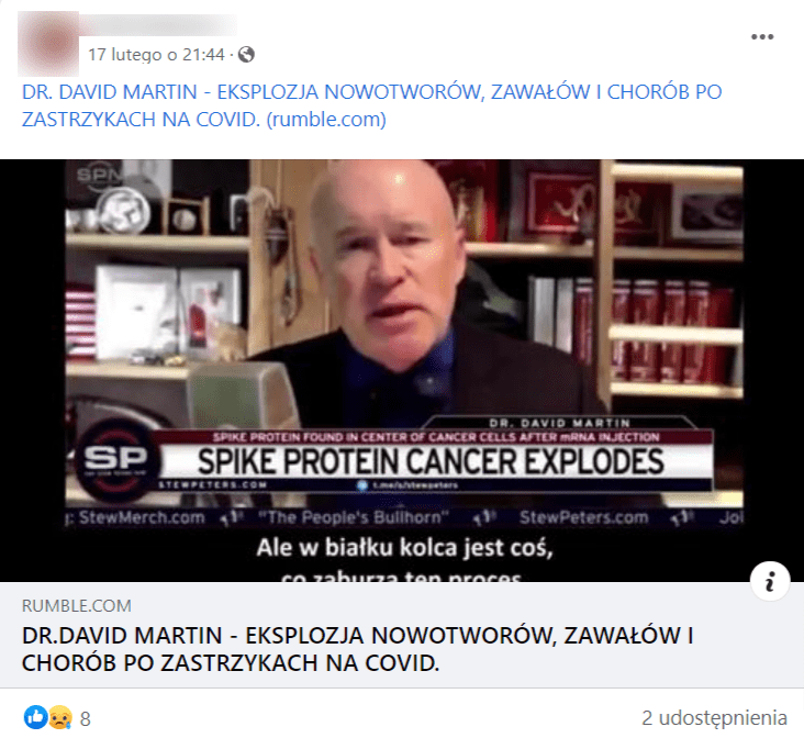 Zrzut ekranu wpisu na Facebooku, w którym zamieszczono nagranie z udziałem Davida Martina w programie Steva Petersa. Na okładce filmu widać dwóch rozmawiających mężczyzn.