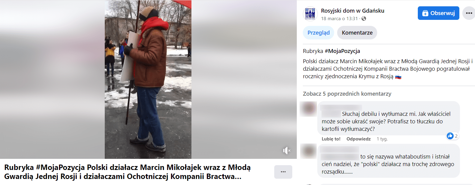 Zrzut ekranu wpisu na Facebooku, w którym pisano o rocznicy zjednoczenia Krymu z Rosją. Na screenie widać wypowiedzi kilku internautów oraz dołączone nagranie z małej manifestacji na ulicy.