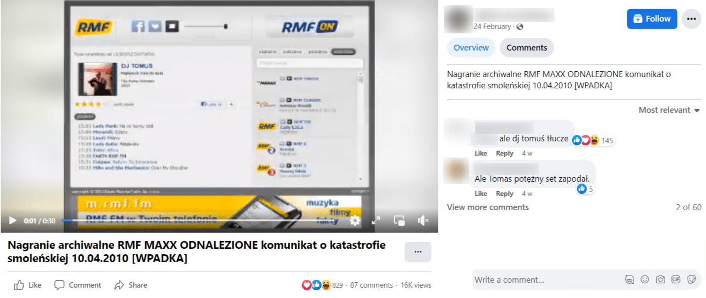 Zarzut ekranu z posta na Facebooku. Na nagraniu pokazana strona streamingowa Grupy RMF. W opisie informacja, że jest to archiwalne nagranie pochodzące z RMF MAXX.
