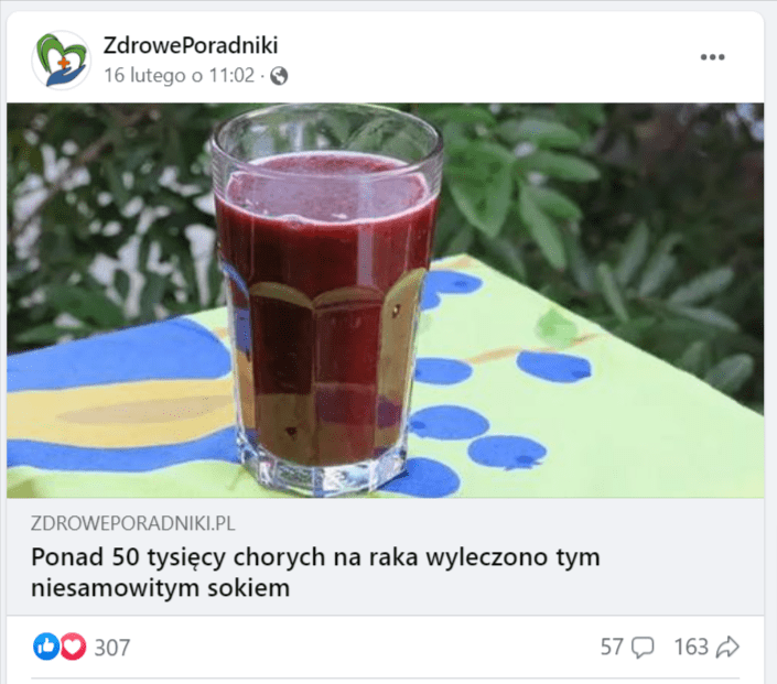 Zrzut ekranu z facebookowego profilu ZdrowePoradniki, na którym opublikowano post odsyłający do artykułu na stronie www.zdroweporadniki.pl. Liczba reakcji: 307, liczba komentarzy: 57, liczba udostępnień: 163.