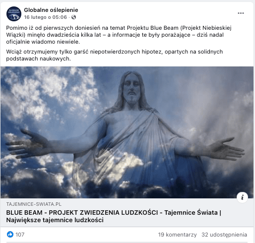 Wpis na Facebooku zawierający link do tekstu i zdjęcie. Fotografia przedstawia półprzezroczysty posąg Jezusa rozkładającego ręce, umieszczony na tle nieba