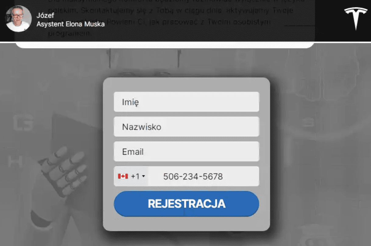 Zrzut ekranu scamowej strony przedstawiający formularz do pozostawienia danych kontaktowych: imienia, nazwiska, maila i numeru telefonu.