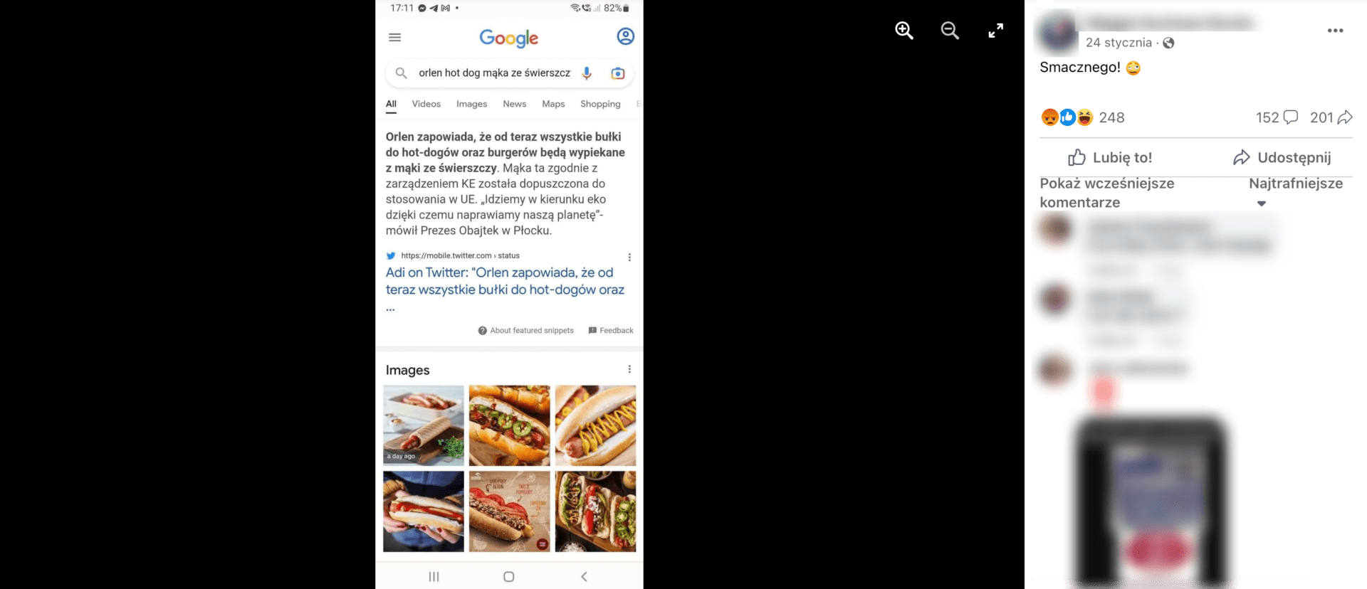 Zrzut ekranu omawianego posta. Widoczne są zdjęcia hot dogów.
