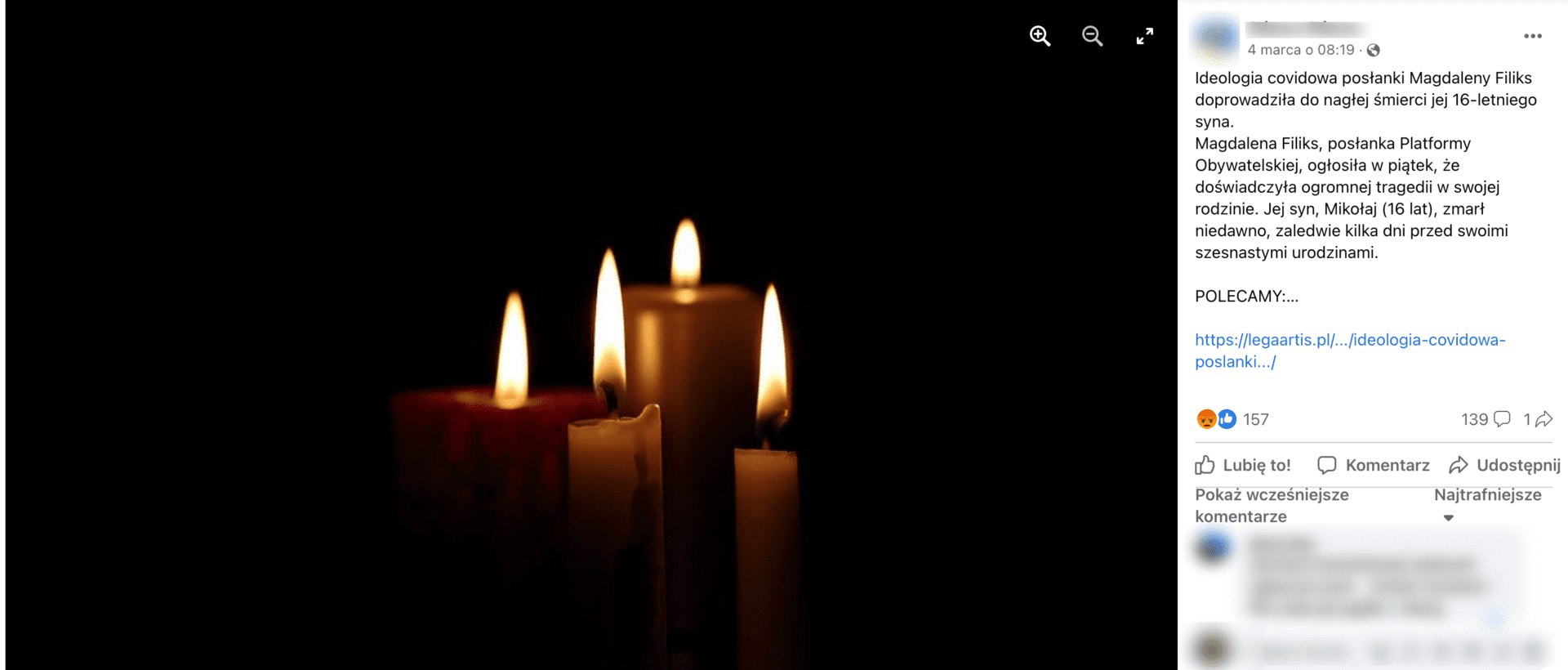 Zrzut ekranu posta na temat rzekomych powodów śmierci syna posłanki Filiks. Widoczne jest zdjęcie palących się świeczek.