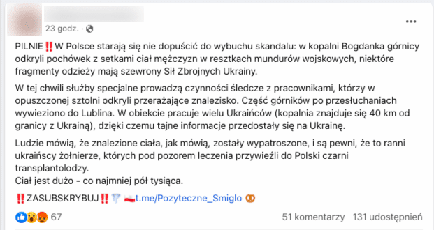 Wpis na Facebooku zawierający informacje o kopalni Bogdanka.