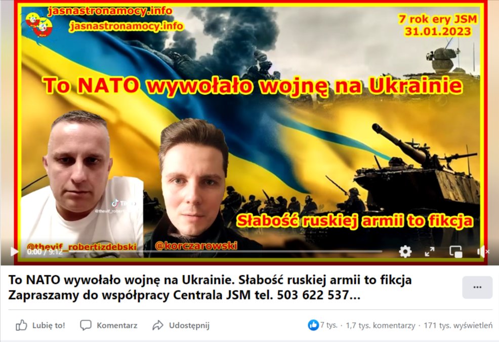 Zrzut ekranu wpisu na Facebooku, do którego dołączono materiał wideo, w którym przekonywano, że NATO wywołało wojnę w Ukrainie. Na miniaturce widać ukraińską flagę wojsko i dwóch mężczyzn, którzy wypowiadają się w materiale.