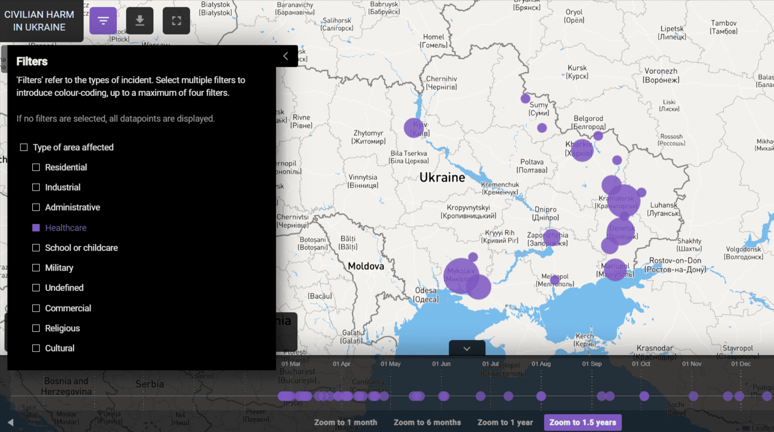 Zrzut ekranu mapy opracowanej przez Bellingcat ze zniszczeniami różnych obiektów na terenie Ukrainy w czasie rosyjskiej inwazji.