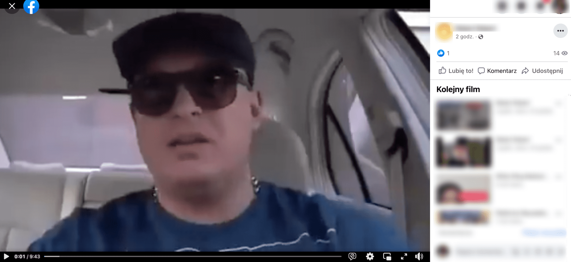 Zrzut ekranu z posta, w którym zamieszczono omawiane nagranie. Widoczny jest mężczyzna w samochodzie, w czapce z daszkiem i okularach przeciwsłonecznych.