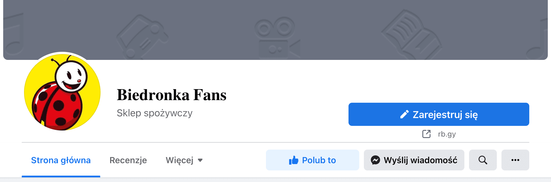 Zrzut ekranu nagłówka profilu Biedronka Fans na Facebooku. Profil posłużył się logiem marki. W tle nie ma żadnego zdjęcia.