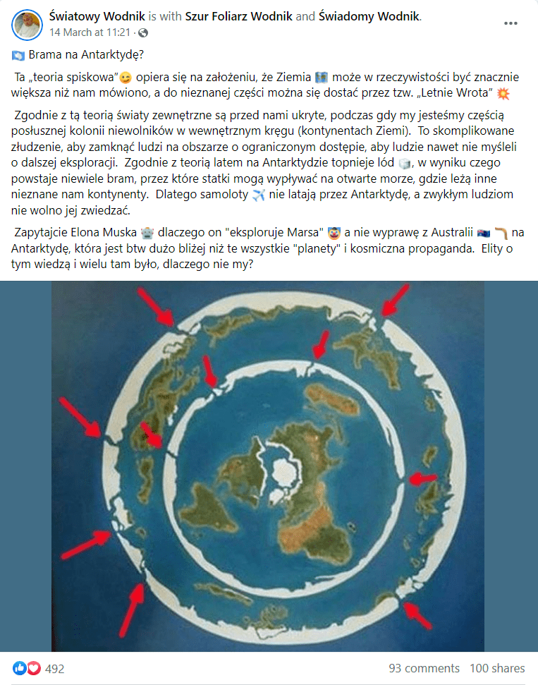 Zrzut ekranu z posta na Facebooku. Na grafice wizualizacja świata według omawianej teorii spiskowej. Znane nam lądy zamknięte są wewnątrz okręgu, którym jest Antarktyda. Poza okręgiem znajdują się pozostałe kontynenty.
